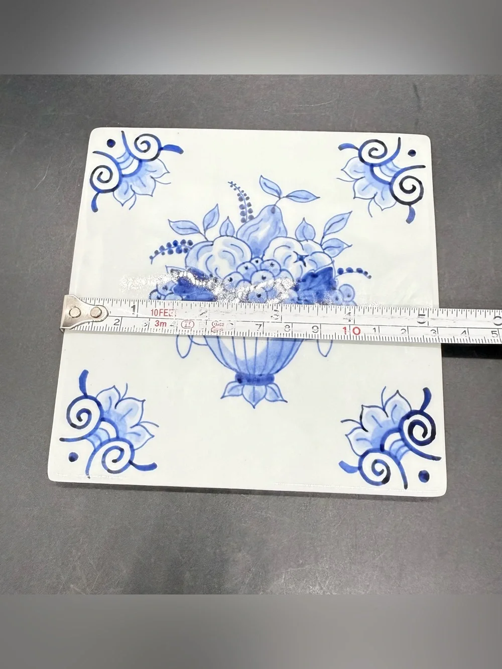 Vintage Royal Delft De Porceleyne Fles Porcelain Tile Fruit Basket Blue White 5